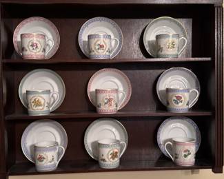 Set of 9 Porcelain Espresso Cups and Saucers