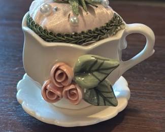 Ceramic Thimble Holder with Floral Embellishments