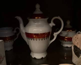 Vintage Porcelain Coffee Pot with Red and Gold Trim