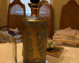 Vintage Frosted Glass Decanter with Gold Gilt Woodland Scene