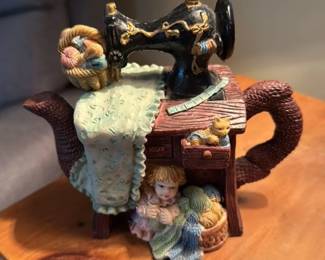 Vintage Sewing Machine Figurine with Children and Yarn