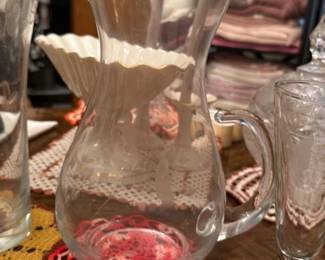 Etched Glass Vase and Pitcher Set