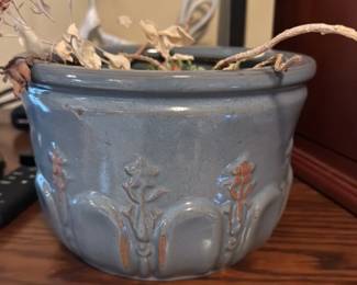 Blue Ceramic Planter with Embossed Floral Design
