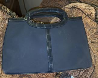 Black Fabric Handbag with Croc-Embossed Accents and Chain Strap