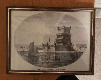 Framed Etching of Belem Tower, Lisbon Portugal