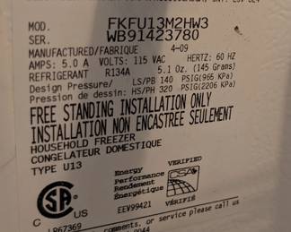 Fridgidaire Freezer model