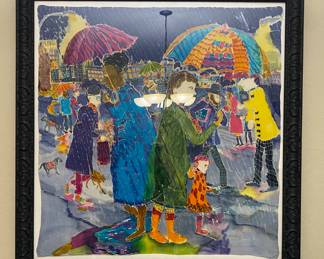 Hand painted scene on silk by New York artist Bernice Pliskin. The actual painting measures 41 x 43”, framed it measures 48” x 50”.