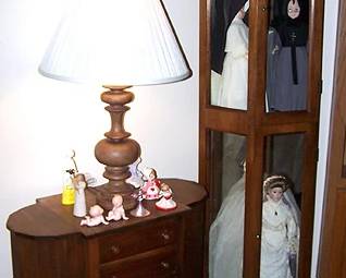 Martha Washington sewing cabinet, one of two curio cabinets,  genuine Nun dolls and Franklin heirloom bride doll