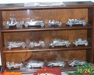 Danbury Mint pewter American Cars w / display cabinet