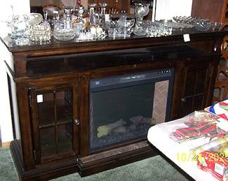 Electric fireplace / tv stand, glassware including Fostoria American