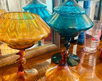 Empoli Large Vintage Amber and blue Apothecary Jar Italian Art Glass Midcentury Modern MCM Lidded Cookie Candy Jar Canister