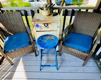 Patio chairs, stool, white metal cabinet