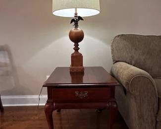 Two cherry end tables and matching American Eagle lamps