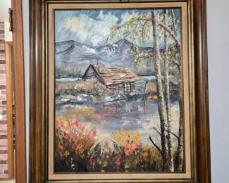 60 FramedOriginalOilonCanvasBoardLakesideCabinScene