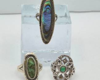 124 TrioSterlingSilverRingsAbaloneTurquoiseGreenStone