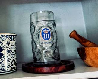 pottery, glass, and mortar and pestle