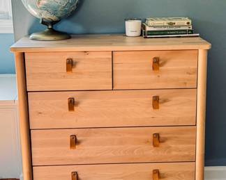 IKEA chest of drawers (birch wood) with leather strap pulls. Globe