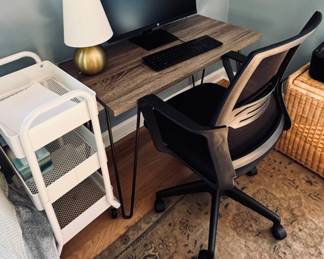 rolling shelf, desk, lamp, monitor, keyboard, office chair, and rug