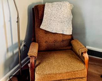 rocking chair, floor lamp, blanket
