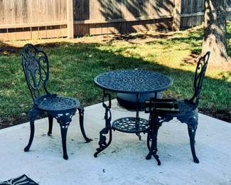 black iron/metal patio set (small table & two chairs)