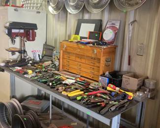 Wooden tool box, tools and work table.