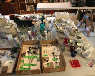 Hat pins, hat pin holders, porcelain tea cups, vintage and antique glassware