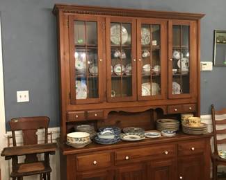 Child's high chair, China cabinet, various dinnerware and porcelain pieces