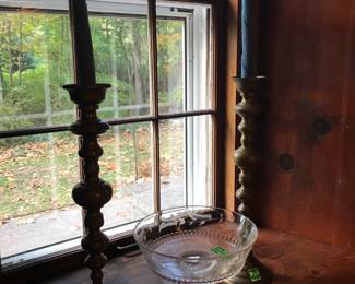 Pair of Brass Candlesticks and Glass Compote