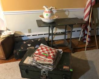 Flags, baby quilt, bowl and pitcher, typewriter table