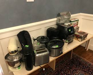 Kitchen Aid mixer, coffee maker, toaster, food processor, air fryer, pasta maker, crockpots
