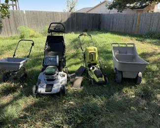 Yard Equipment:  fertilizer spreader, 2 battery-powered mowers, and a yard cart. 