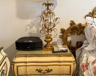 Pair of French Provincial nightstands (2 of 2)  w/vintage Hollywood Regency-style gilded metal and crystal lamp