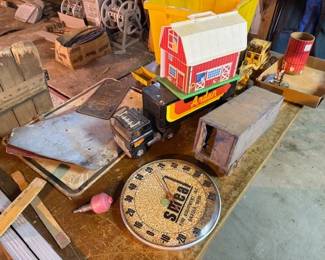 Toys. Some metal. Advertising thermometer. 