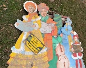 Antique Iowa farm bureau sign. Wood Christmas carolers. 