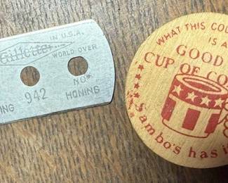 Sambo's wooden nickel. Gillet razor blade. 