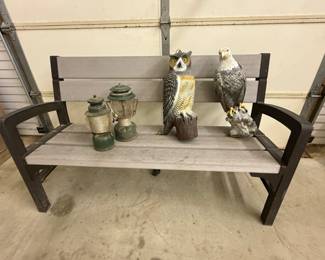 Bench, Lanterns, Owl & Eagle Decoys