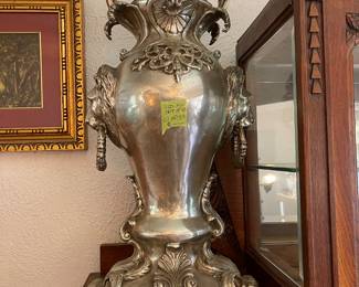 Pair of silver plate cast urns. HUGE and HEAVY!