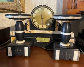 Amazing deco clock and matching mantle pedestals