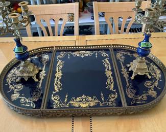 gorgeous brass and porcelain 3 piece plateau