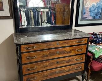 4 drawer marble top dresser with burl inlay