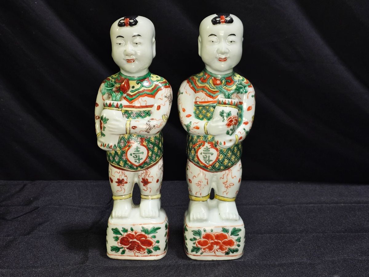 Pair Antique Chinese Porcelain Ho Ho Boy Figurines