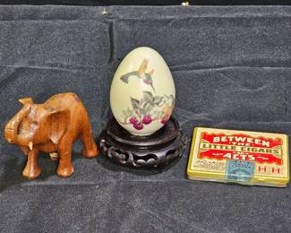 Vtg Wooden Elephant, Square Tin, & Porcelain Egg