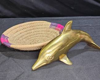 Vtg MCM Brass Dolphin & Vtg Hand Woven Coil Basket