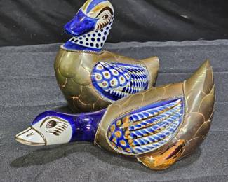 2 Vintage MCM Mexican Tonala Brass Ceramic Ducks
