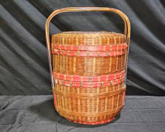 Vintage 2-Tier Chinese Woven Sewing Basket