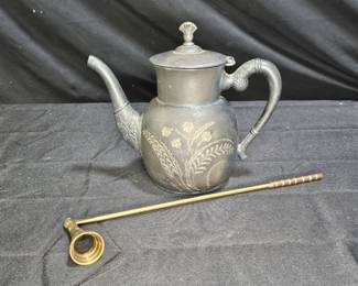 Brass Bell Candle Snuffer & Silver Plate Tea Pot
