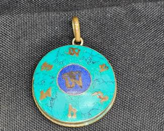 Brass Tibetan Om Pendant Inlayed Turquoise & Lapis