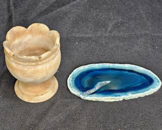 Carved Pedestal Alabaster Cup & Blue Geodde Slice