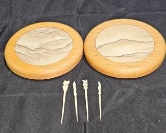 2 Wood & Sandstone Coasters & 4 Bone Tooth Picks