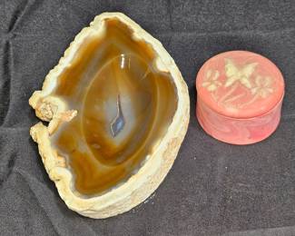 Polished Moroccan Agate Slice & Carved Trinket Box